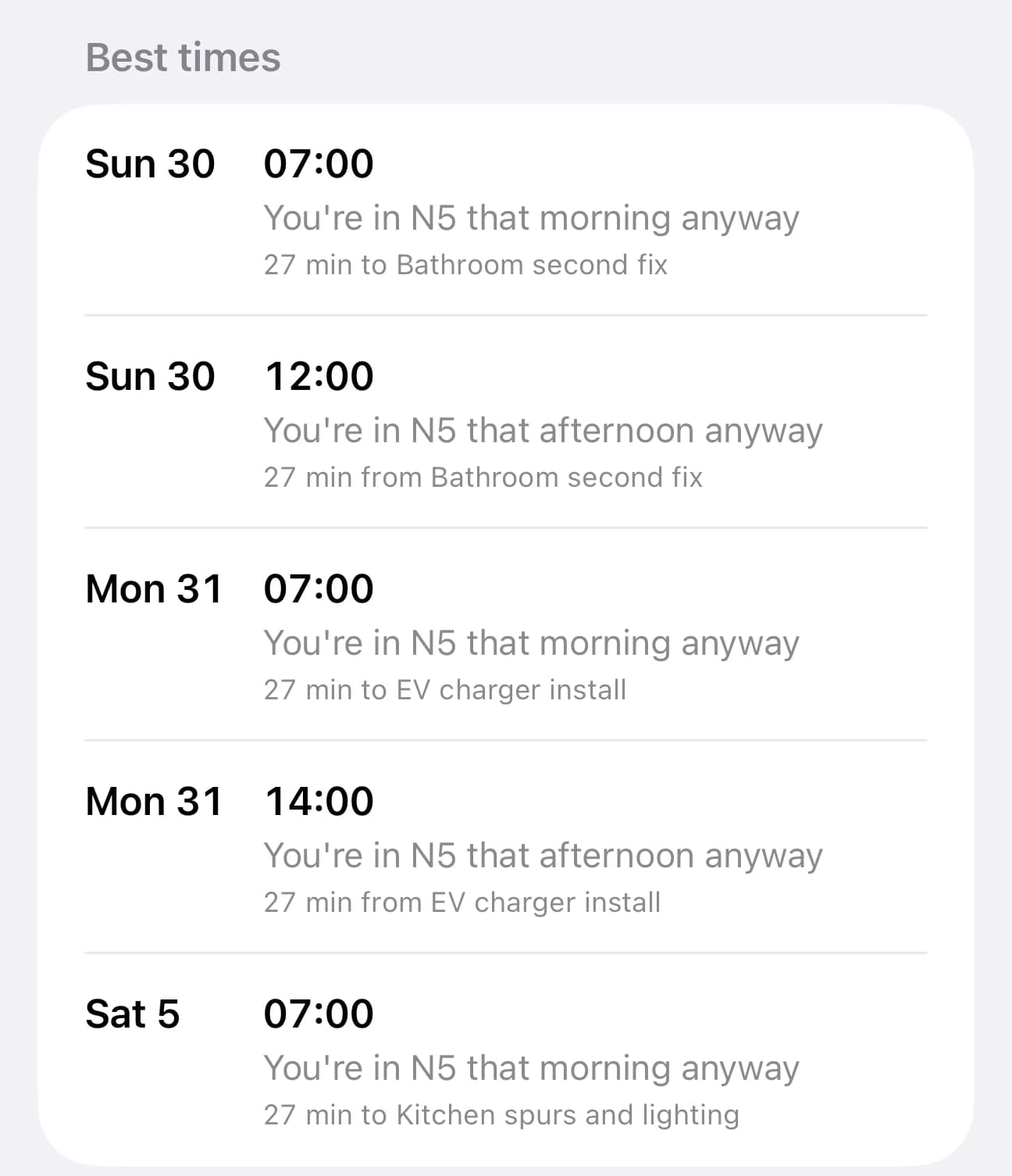 The times the app suggests, with the reason under each one