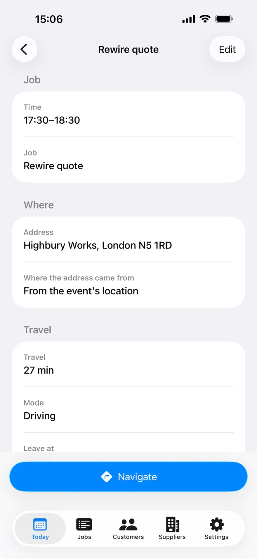 A job’s detail screen, naming where its address came from