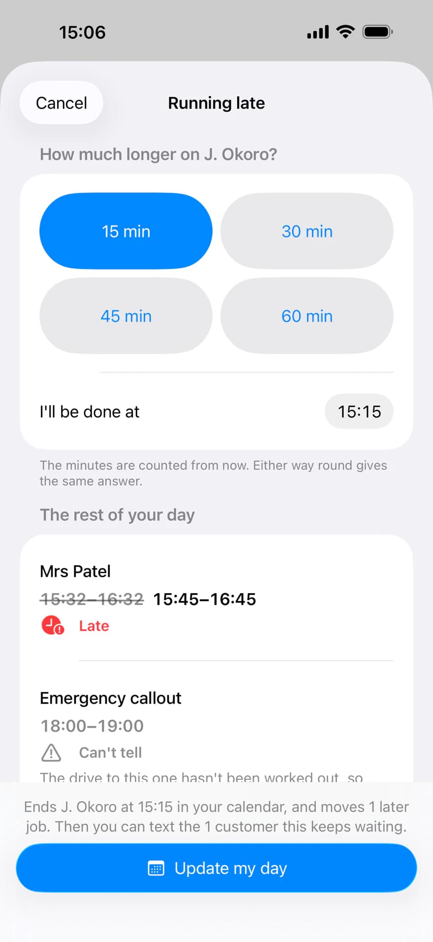 The running late sheet, showing the rest of the day